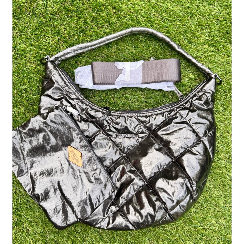 MZ WALLACE Madison Shoulder Bag Quilted Nylon Bag ~NWOT~ Gray Metallic